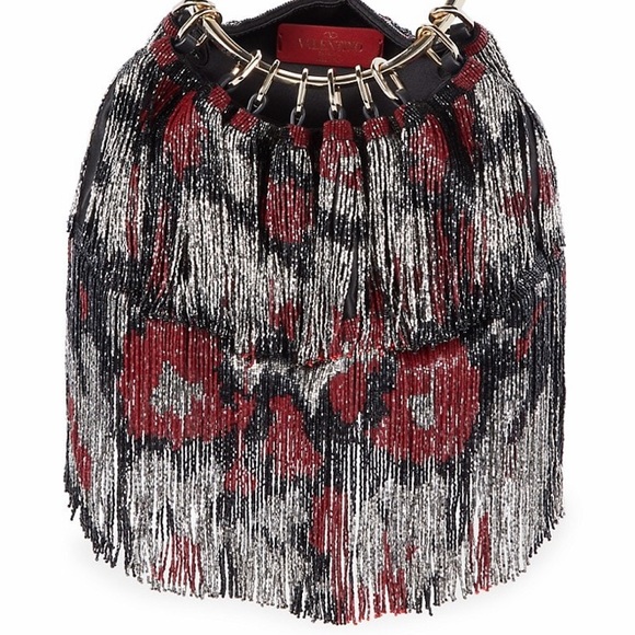 VALENTINO GARAVANI BEADED FRINGE SATIN CLUTCH WITH GOLD TONE ROUND HANDLE - Picture 6 of 16